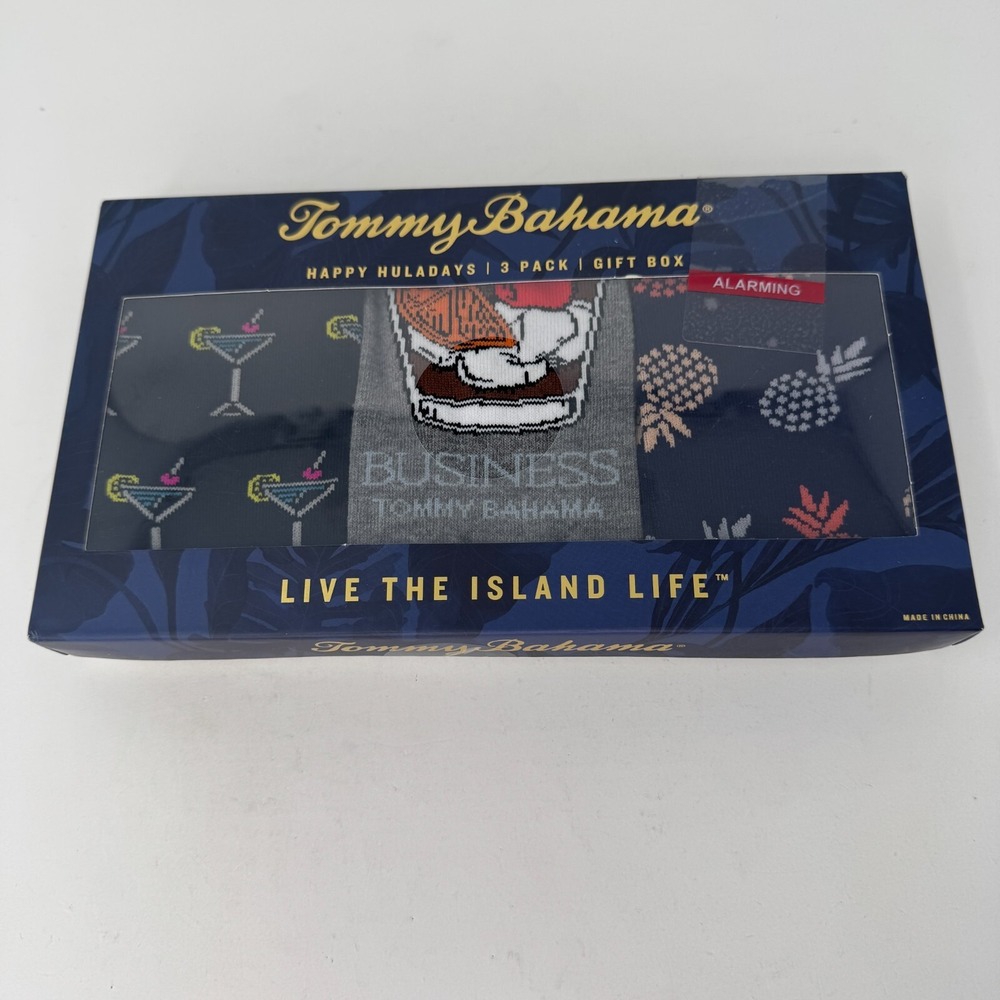 NEW Tommy Bahama Mens 3 Pack Gift Box‎ Socks Drinks Holidays Happy Huladays Golf